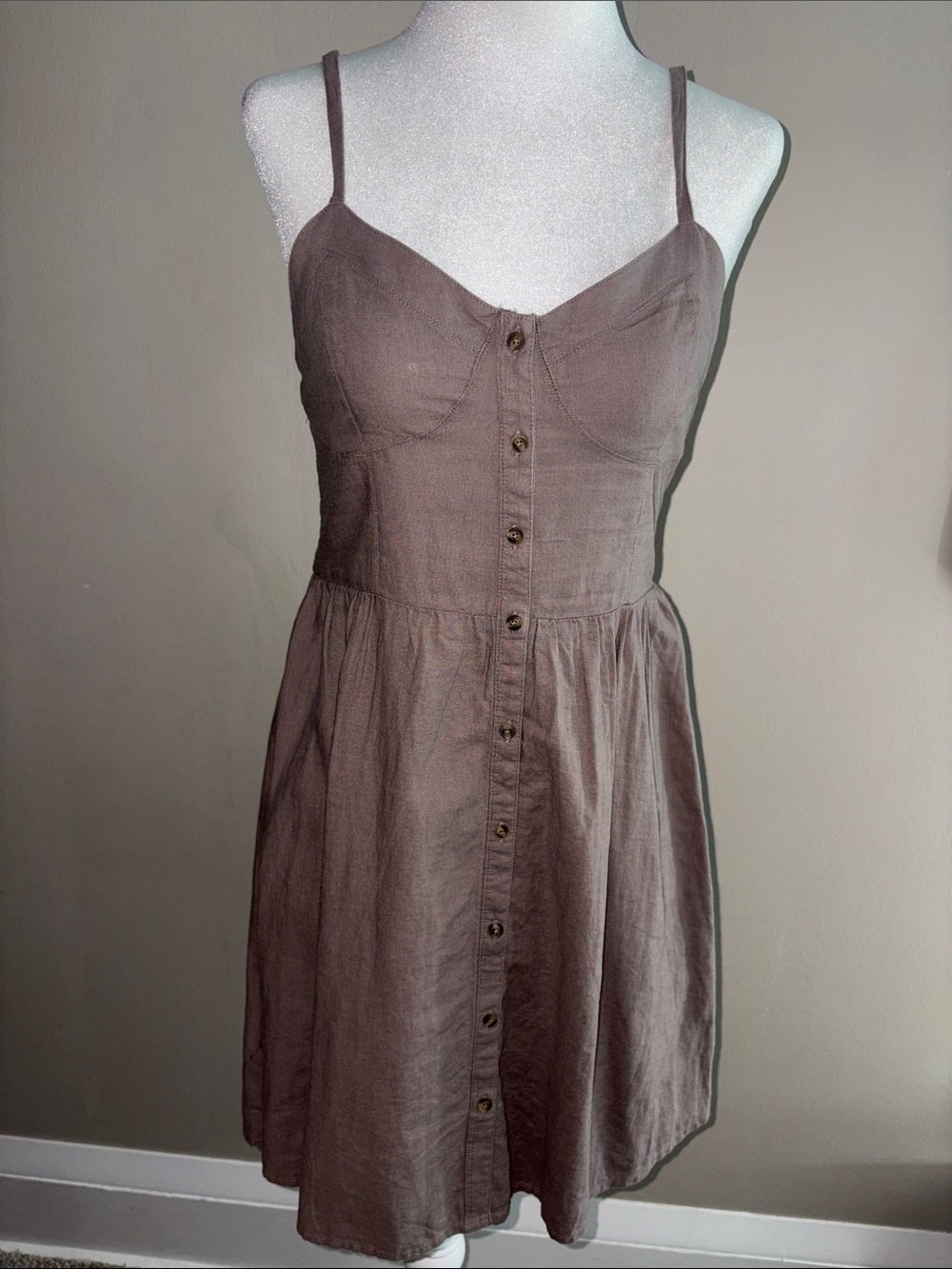 Aerie - Taupe Button-Front Tie-Strap Sundress